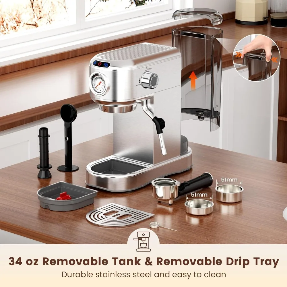 Espresso Machine 20 Bar, Compact Espresso Maker, Stainless Steel Expresso Coffee Machines with Steam Milk Frother & 34oz Removab Espresso Machine 20 Bar, Compact Espresso Maker, Stainless Steel Expresso Coffee Machines with Steam Milk Frother & 34oz Removab