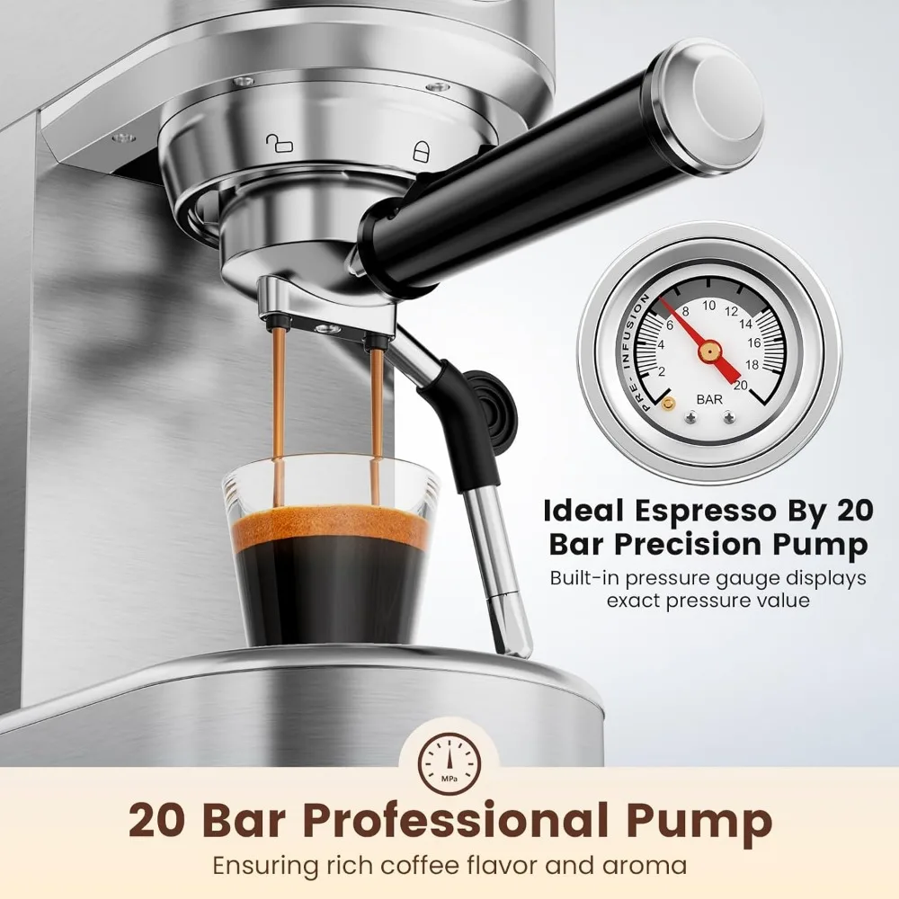 Espresso Machine 20 Bar, Compact Espresso Maker, Stainless Steel Expresso Coffee Machines with Steam Milk Frother & 34oz Removab Espresso Machine 20 Bar, Compact Espresso Maker, Stainless Steel Expresso Coffee Machines with Steam Milk Frother & 34oz Removab