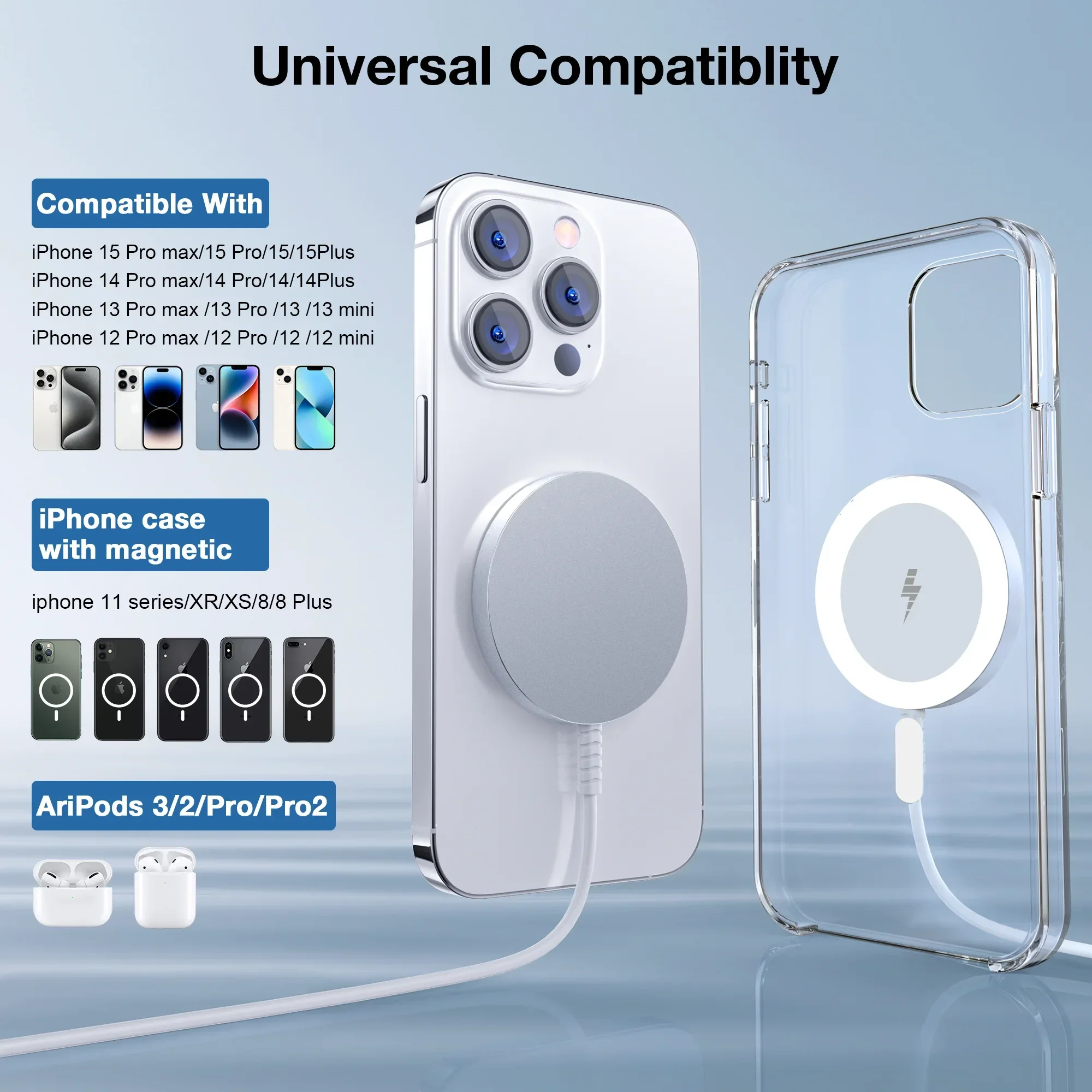 2-Piece Magnetic Secure Wireless Charger Quick Charge, Compatible with iPhone 15 14 13 12 Pro Max Plus and Airpods 2 3 Pro 2-Piece Magnetic Secure Wireless Charger Quick Charge, Compatible with iPhone 15 14 13 12 Pro Max Plus and Airpods 2 3 Pro