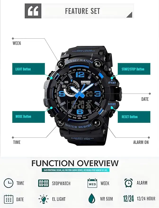 Men’s Large Face Outdoor Sports Watches Military S-Shock Watch Waterproof, Backlight, Alarm, Stopwatch Features – Rugged Wristwa Men's Large Face Outdoor Sports Watches Military S-Shock Watch Waterproof, Backlight, Alarm, Stopwatch Features - Rugged Wristwa