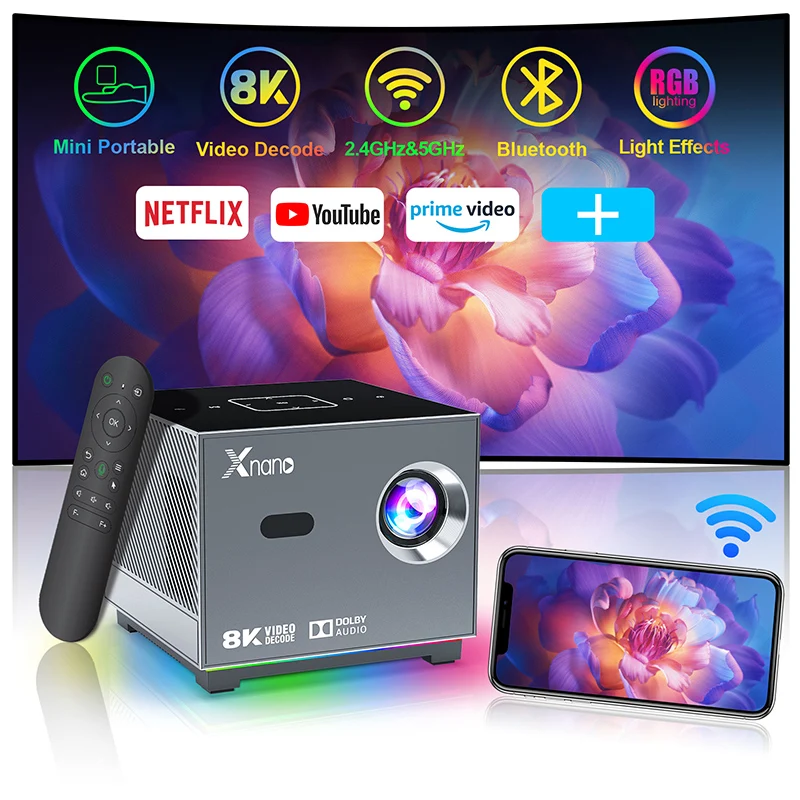XNANO 300ANSI Projector 8K/4k WiFi 5G Voice Remote Portable Smart Movie Projector with LED Lighting BT5.0 Bulit-in More App XNANO 300ANSI Projector 8K/4k WiFi 5G Voice Remote Portable Smart Movie Projector with LED Lighting BT5.0 Bulit-in More App