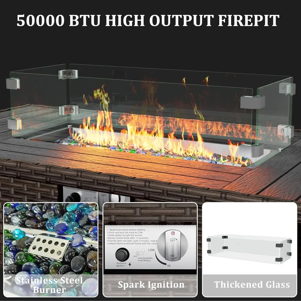 8 Pieces Outdoor Patio Furniture Set with 44″ Fire Pit Table Rattan Sectional Conversation Sets w/Gas Fire Pit 8 Pieces Outdoor Patio Furniture Set with 44