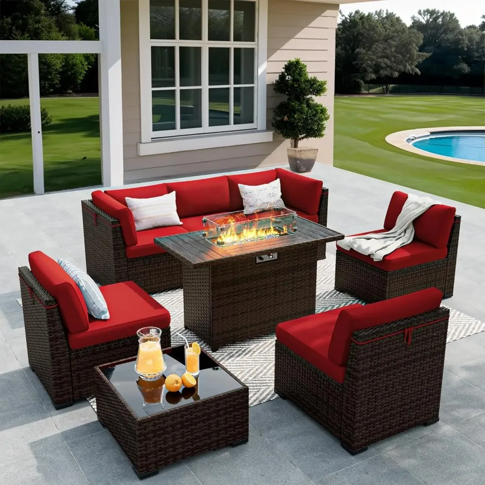 8 Pieces Outdoor Patio Furniture Set with 44″ Fire Pit Table Rattan Sectional Conversation Sets w/Gas Fire Pit 8 Pieces Outdoor Patio Furniture Set with 44