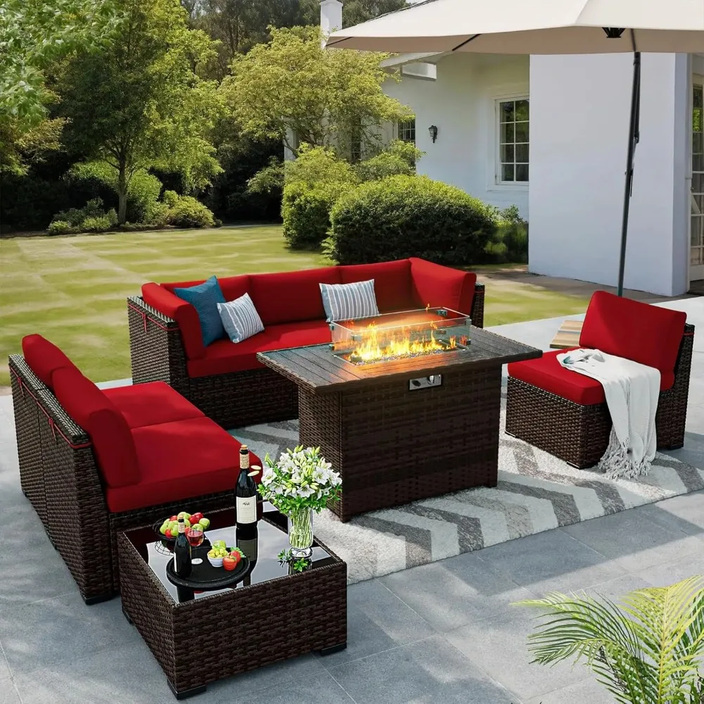 8 Pieces Outdoor Patio Furniture Set with 44″ Fire Pit Table Rattan Sectional Conversation Sets w/Gas Fire Pit 8 Pieces Outdoor Patio Furniture Set with 44
