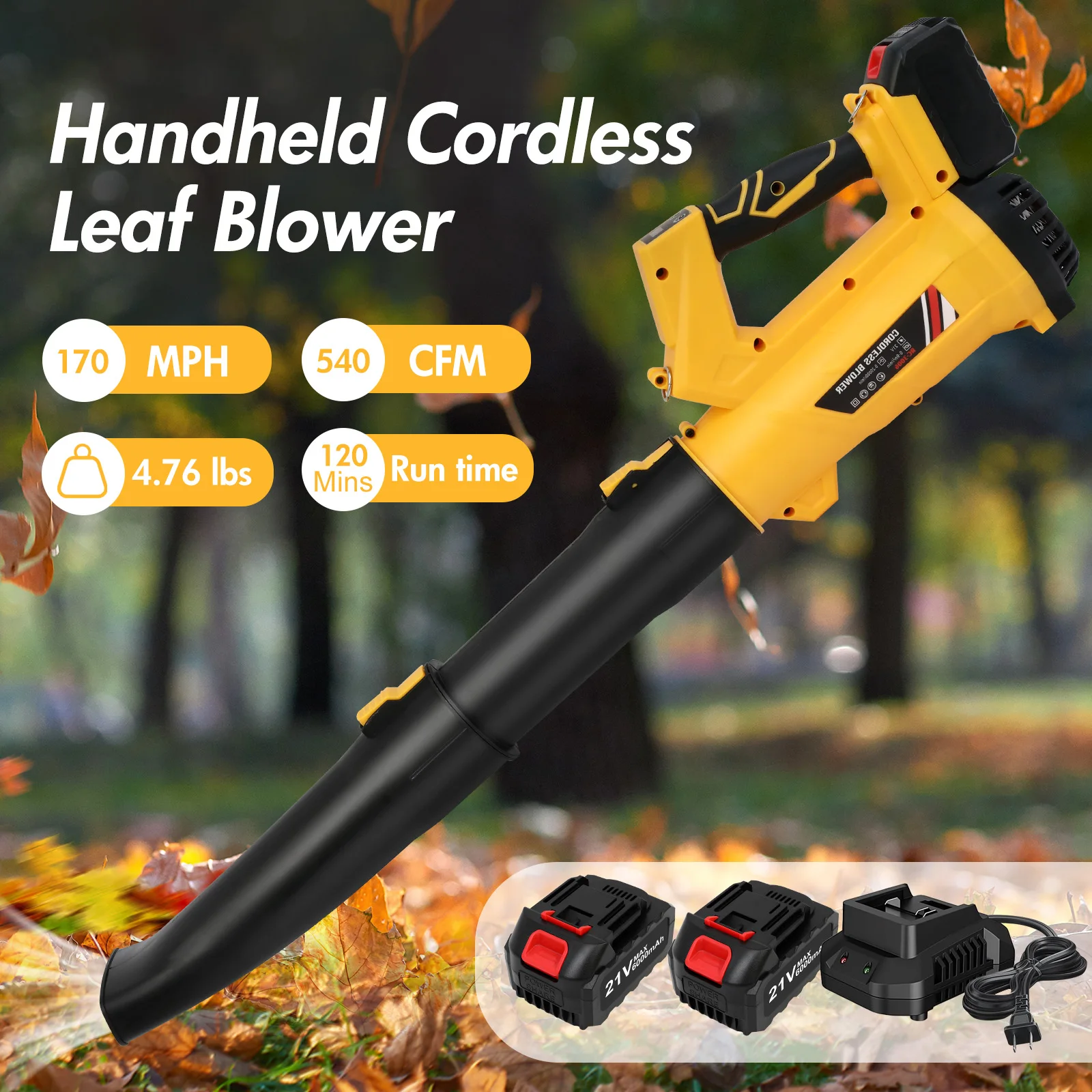 Cordless Leaf Blower Cleaner Electric Handheld 21V with 2 x 6.0Ah Batteries Fast Charger 170MPH 21000r/min 6-Speed for Lawn Care Cordless Leaf Blower Cleaner Electric Handheld 21V with 2 x 6.0Ah Batteries Fast Charger 170MPH 21000r/min 6-Speed for Lawn Care
