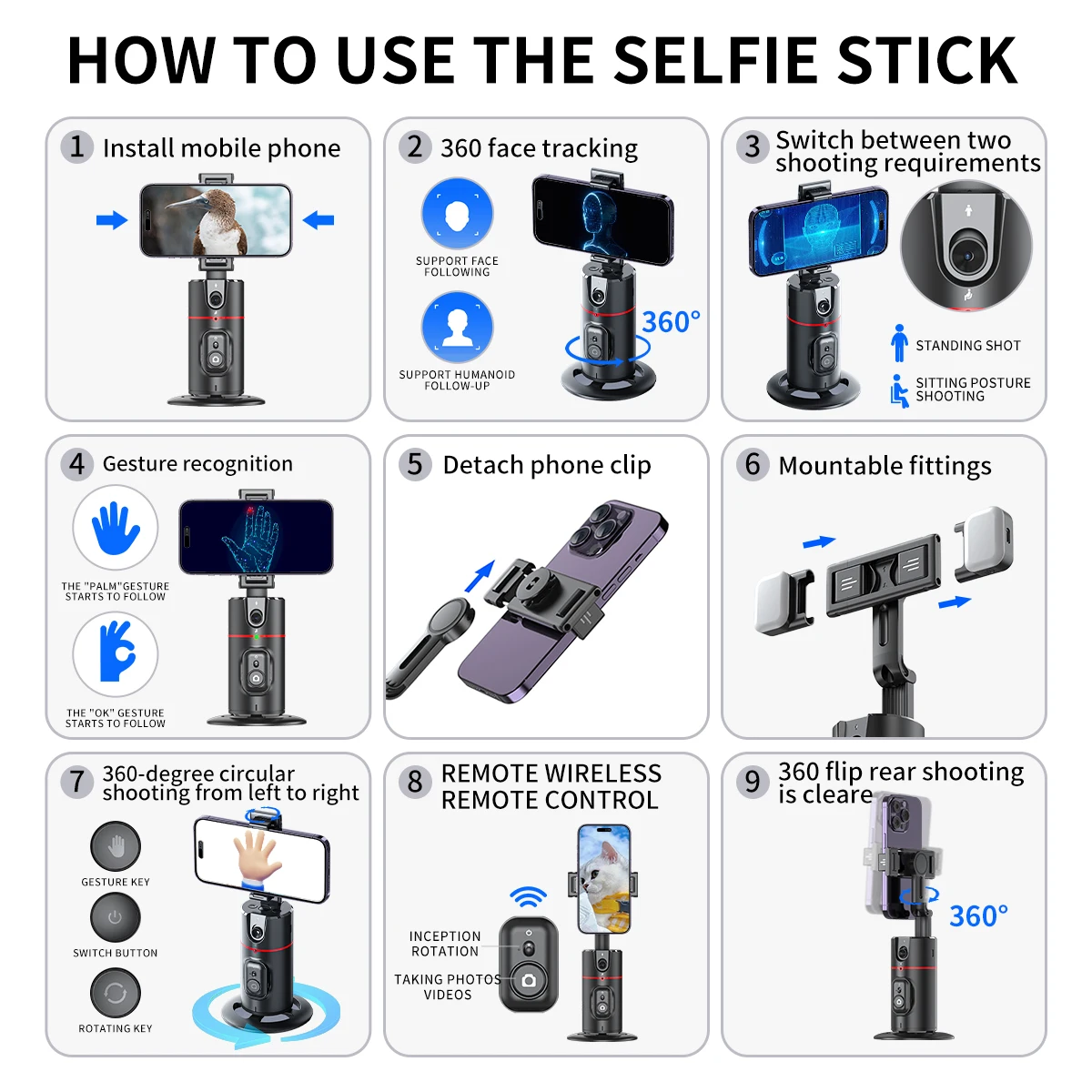 Selfieshow P02 Gimbal 360 Rotation AI Automatic Tracking Shooting Stabilizer Detachable Phone Clip Mini Selfie Stick PhoneHolder Selfieshow P02 Gimbal 360 Rotation AI Automatic Tracking Shooting Stabilizer Detachable Phone Clip Mini Selfie Stick PhoneHolder