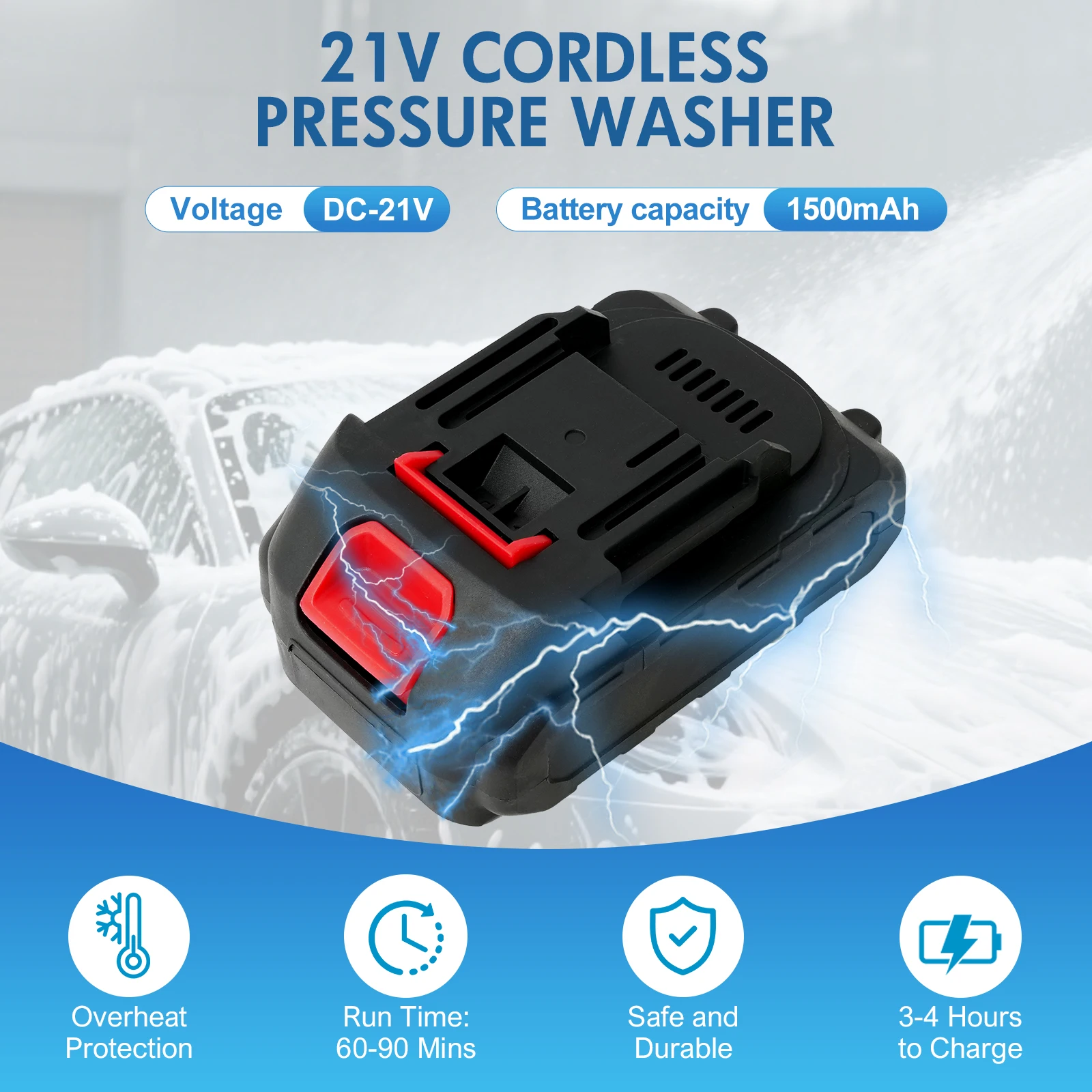 Cordless Pressure Washer Gun Electric 6 IN 1 Nozzle Portable 21V 500PSI 3200rpm High-Power With Battery 10M (32.8FT) Hose Cordless Pressure Washer Gun Electric 6 IN 1 Nozzle Portable 21V 500PSI 3200rpm High-Power With Battery 10M (32.8FT) Hose