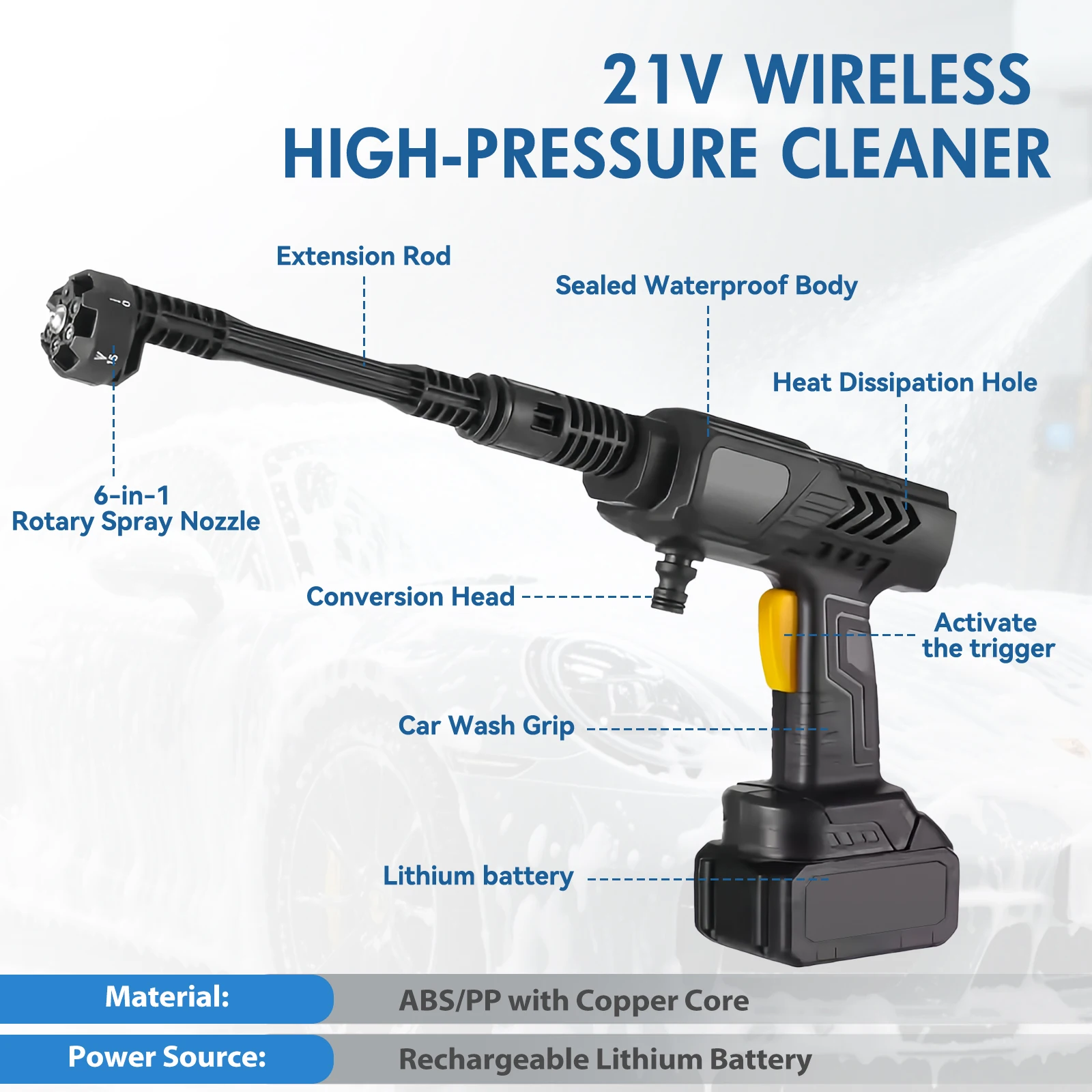 Cordless Pressure Washer Gun Electric 6 IN 1 Nozzle Portable 21V 500PSI 3200rpm High-Power With Battery 10M (32.8FT) Hose Cordless Pressure Washer Gun Electric 6 IN 1 Nozzle Portable 21V 500PSI 3200rpm High-Power With Battery 10M (32.8FT) Hose