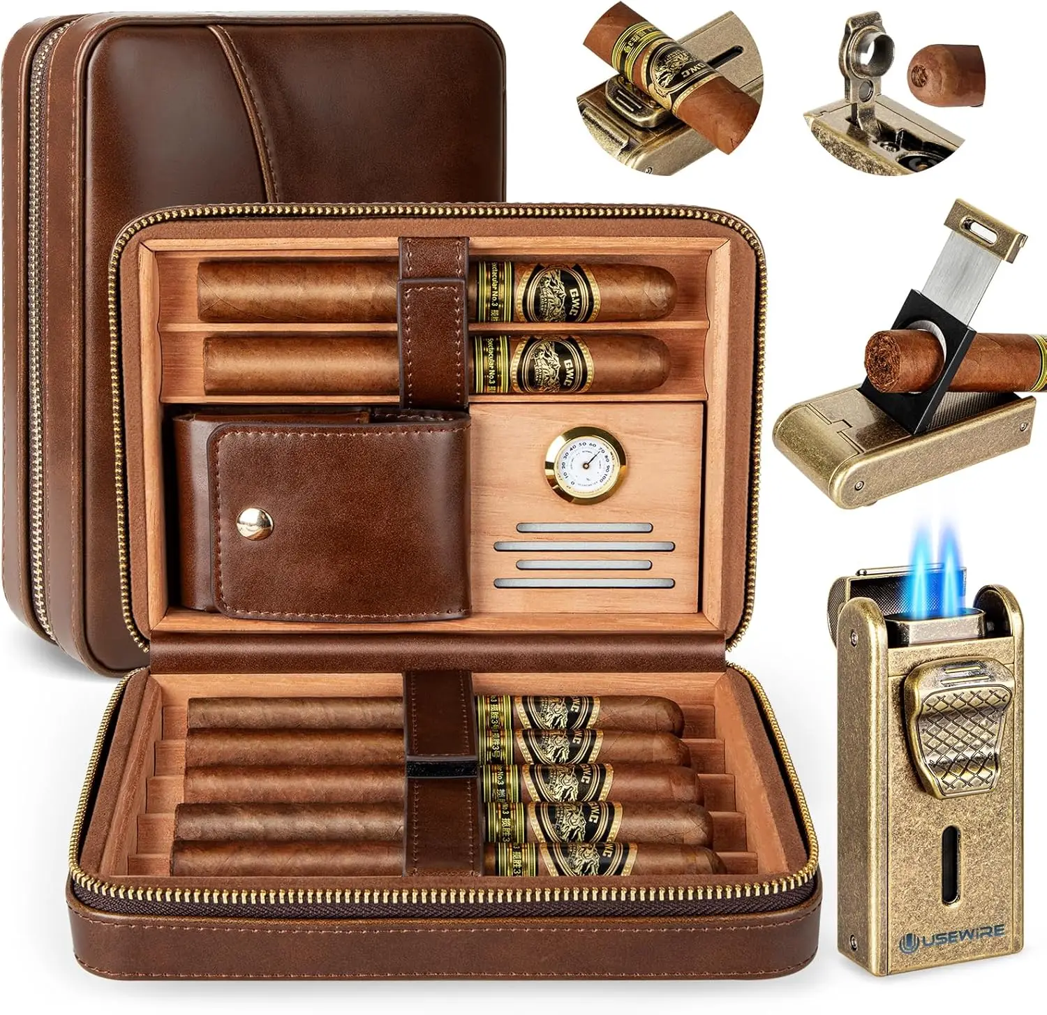 Leather Cigar Humidor with Cigar Lighter,Built-in Straight Cigar Cutter and Cigar Punch,Humidifier and Cedar Tray Leather Cigar Humidor with Cigar Lighter,Built-in Straight Cigar Cutter and Cigar Punch,Humidifier and Cedar Tray