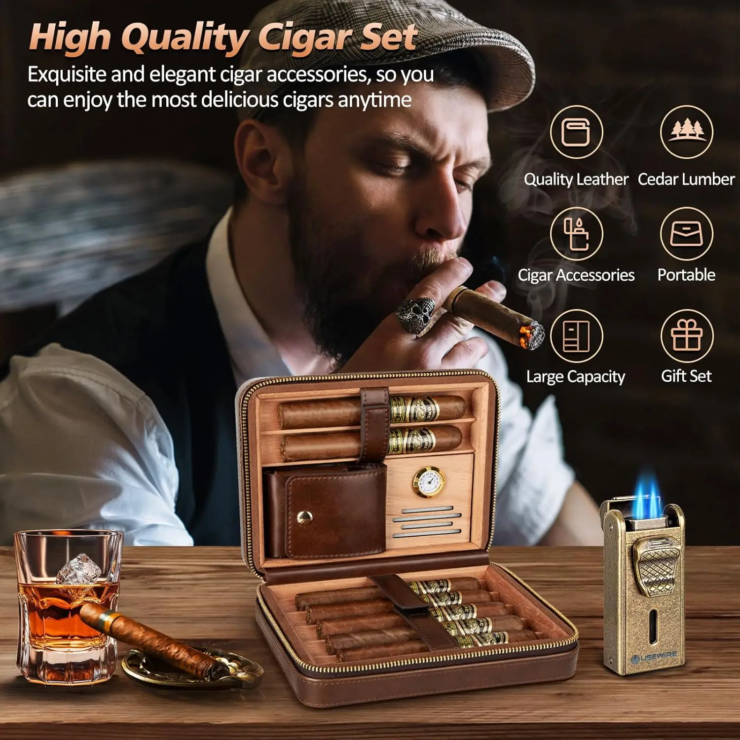Leather Cigar Humidor with Cigar Lighter,Built-in Straight Cigar Cutter and Cigar Punch,Humidifier and Cedar Tray Leather Cigar Humidor with Cigar Lighter,Built-in Straight Cigar Cutter and Cigar Punch,Humidifier and Cedar Tray