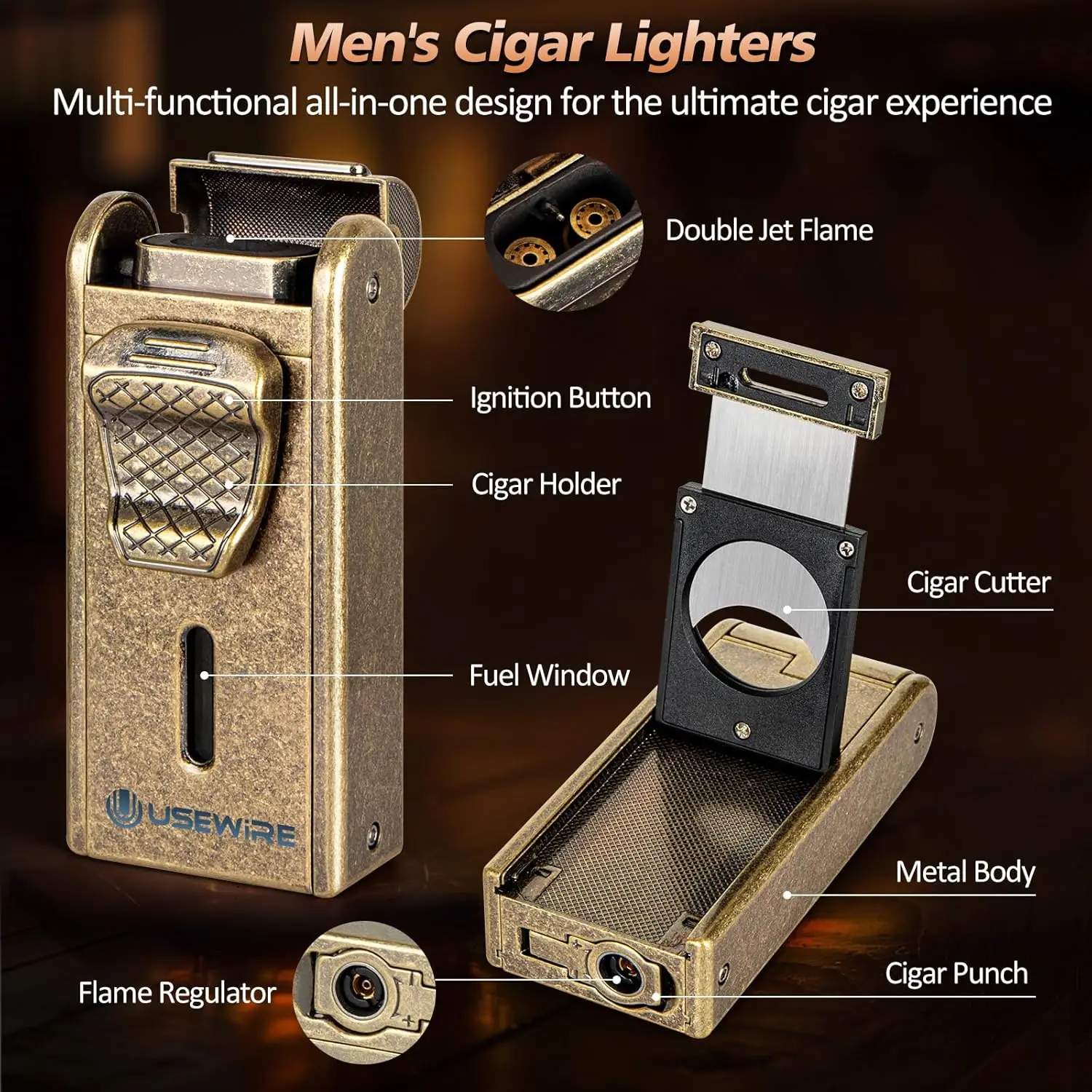 Leather Cigar Humidor with Cigar Lighter,Built-in Straight Cigar Cutter and Cigar Punch,Humidifier and Cedar Tray Leather Cigar Humidor with Cigar Lighter,Built-in Straight Cigar Cutter and Cigar Punch,Humidifier and Cedar Tray