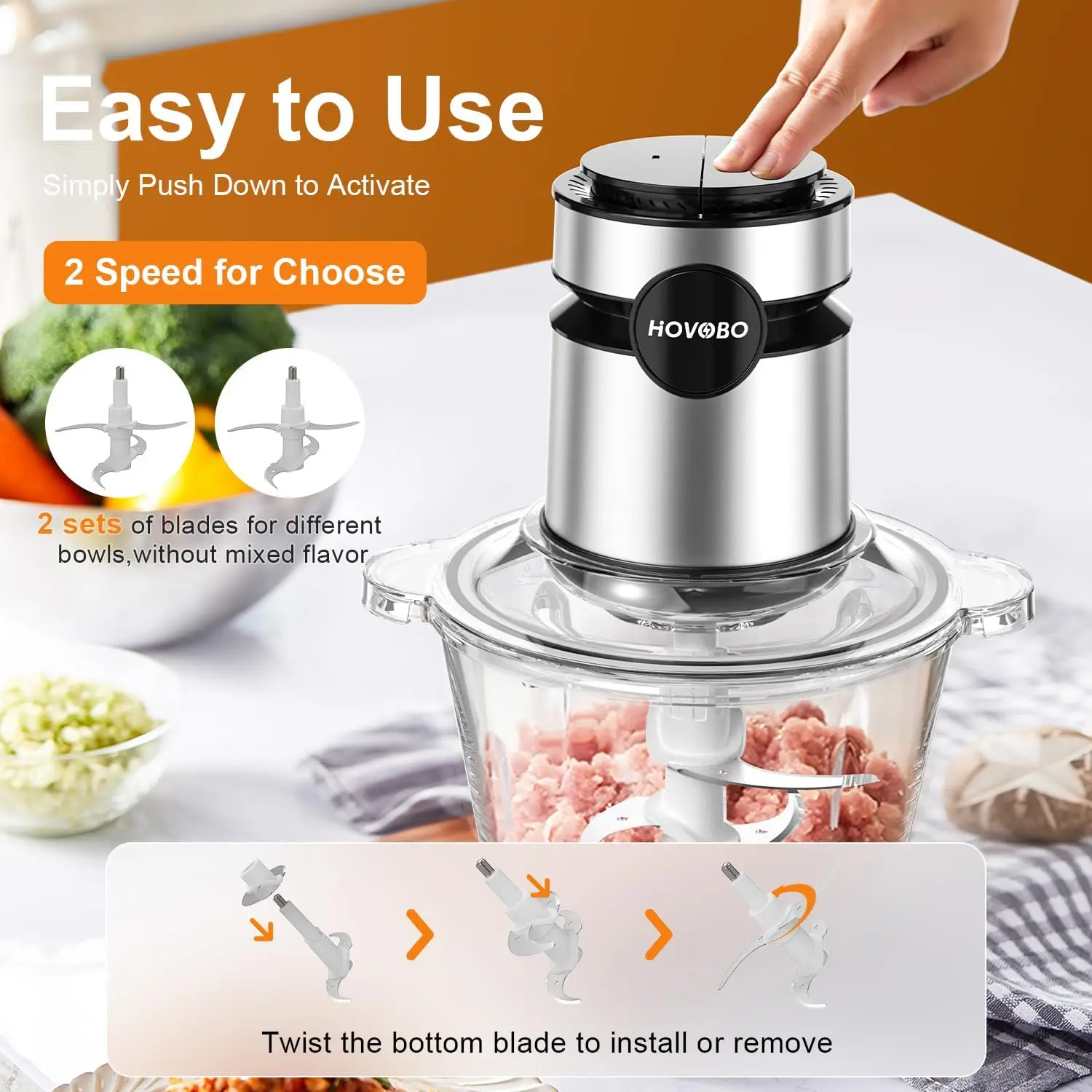 Food Processor, 500W Electric Food Chopper with 2 Bowls (8 Cup+8 Cup) & 2 Bi-Level Blades&, Small Electric Grinder Meat Processo Food Processor, 500W Electric Food Chopper with 2 Bowls (8 Cup+8 Cup) & 2 Bi-Level Blades&, Small Electric Grinder Meat Processo