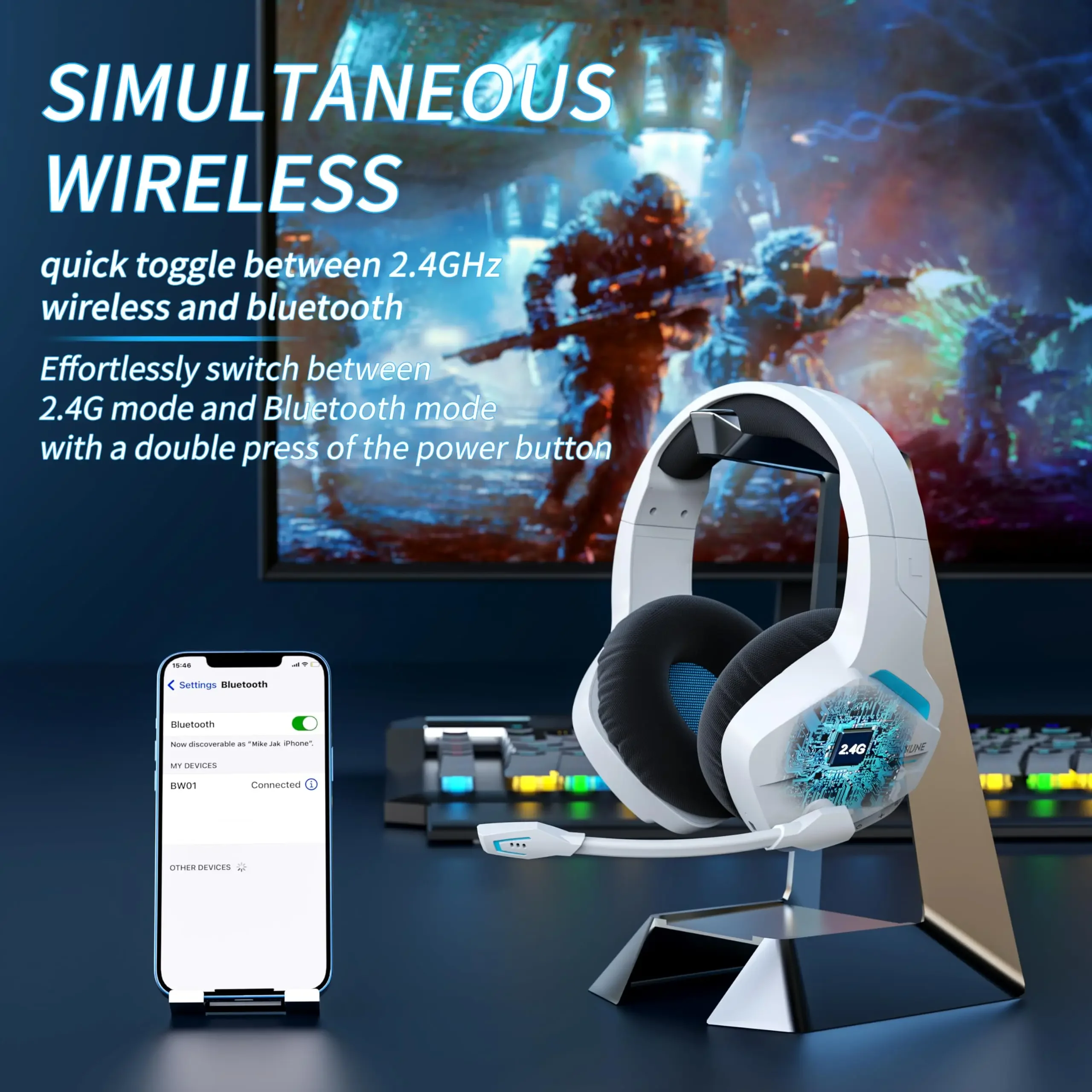 BINNUNE BW01 Wireless Gaming Headset with Mic for PC PS4 PS5 2.4G Bluetooth USB Gamer Headphones with Mic for Laptop Computer BINNUNE BW01 Wireless Gaming Headset with Mic for PC PS4 PS5 2.4G Bluetooth USB Gamer Headphones with Mic for Laptop Computer