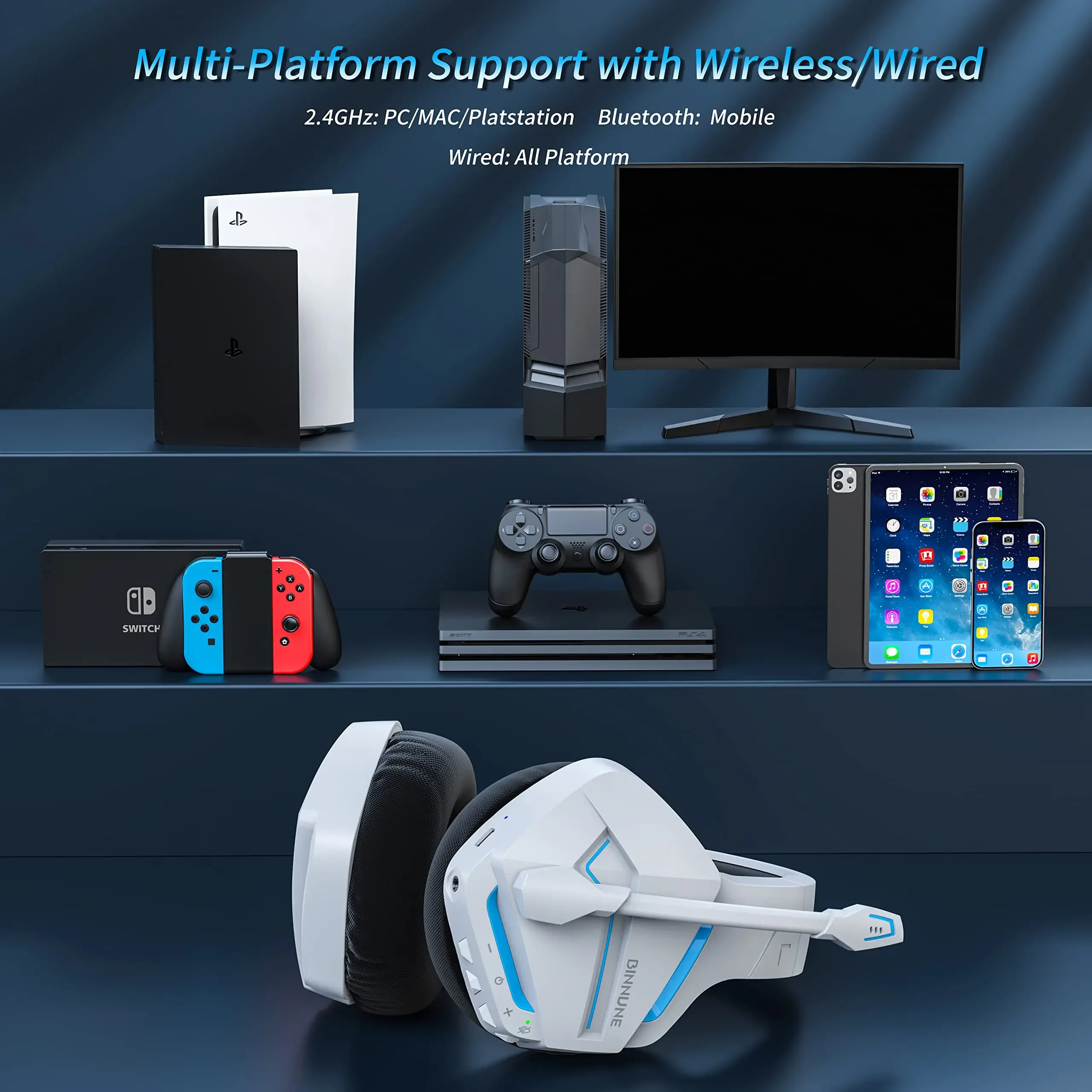 BINNUNE BW01 Wireless Gaming Headset with Mic for PC PS4 PS5 2.4G Bluetooth USB Gamer Headphones with Mic for Laptop Computer BINNUNE BW01 Wireless Gaming Headset with Mic for PC PS4 PS5 2.4G Bluetooth USB Gamer Headphones with Mic for Laptop Computer
