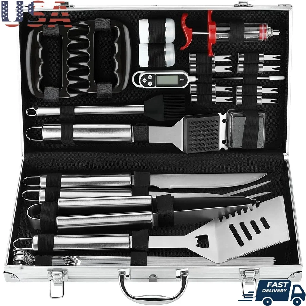 26PC BBQ Grill Accessories Set Stainless Steel Tools Aluminum Case Grilling Utensils Gift Birthday Christmas Parties 26PC BBQ Grill Accessories Set Stainless Steel Tools Aluminum Case Grilling Utensils Gift Birthday Christmas Parties