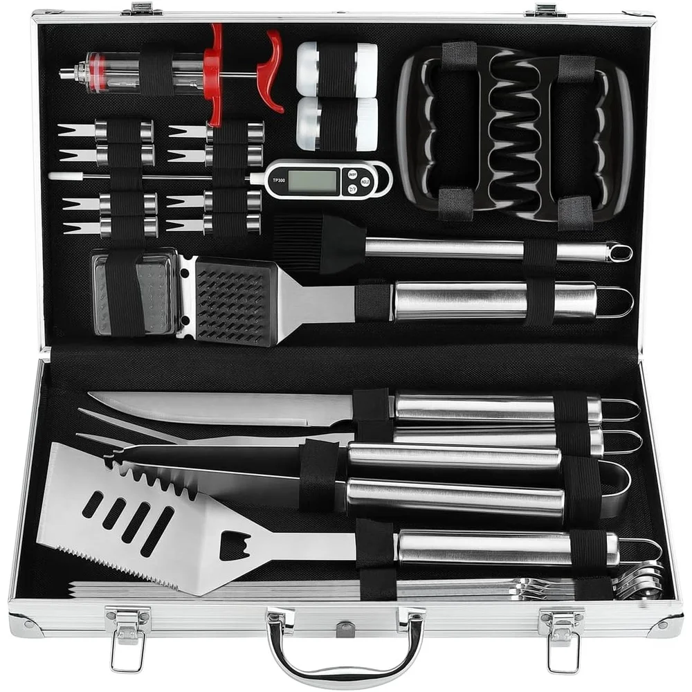26PC BBQ Grill Accessories Set Stainless Steel Tools Aluminum Case Grilling Utensils Gift Birthday Christmas Parties 26PC BBQ Grill Accessories Set Stainless Steel Tools Aluminum Case Grilling Utensils Gift Birthday Christmas Parties