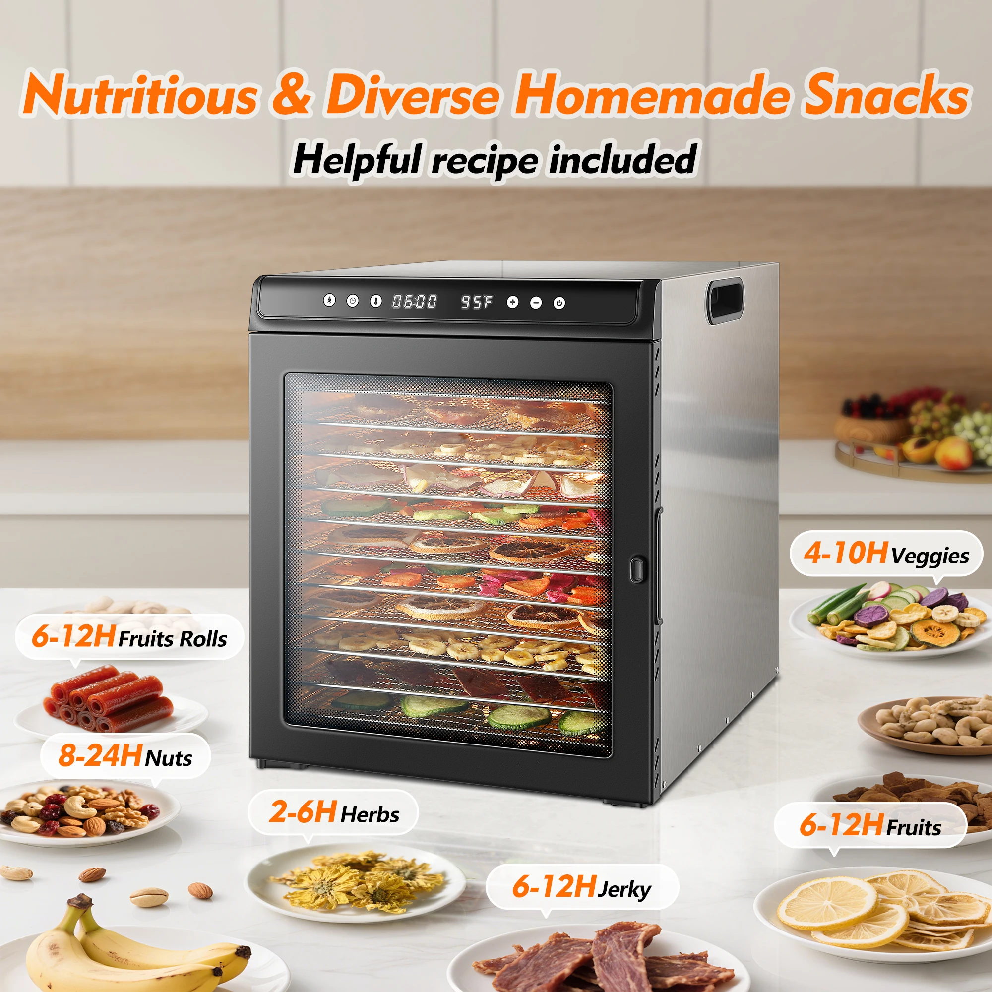 12-Tray 1300W Commercial Grade, 360° Even Drying for Jerky/Fruits, ETL Certified with 72H Timer&LED Display Food Dehydrator 12-Tray 1300W Commercial Grade, 360° Even Drying for Jerky/Fruits, ETL Certified with 72H Timer&LED Display Food Dehydrator