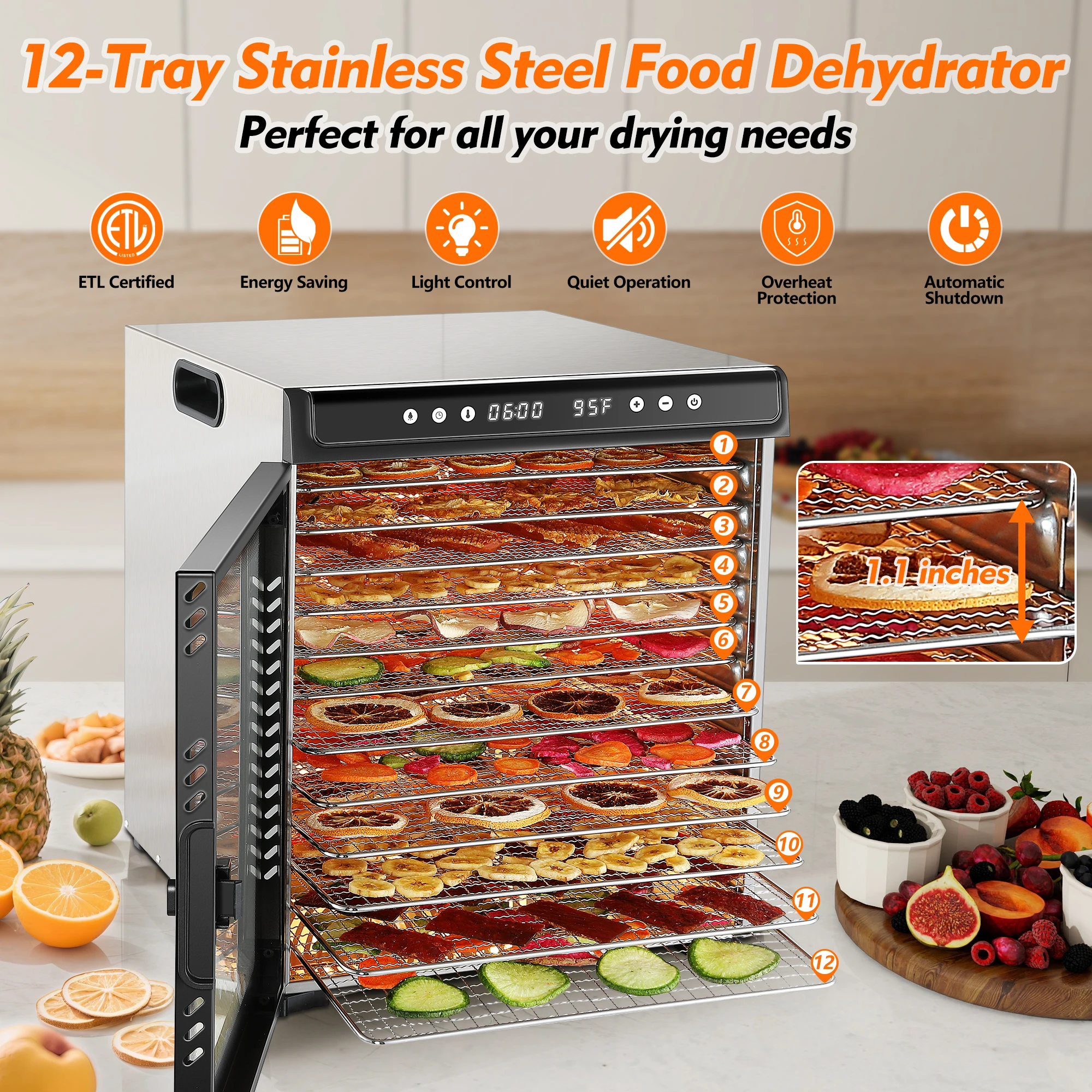 12-Tray 1300W Commercial Grade, 360° Even Drying for Jerky/Fruits, ETL Certified with 72H Timer&LED Display Food Dehydrator 12-Tray 1300W Commercial Grade, 360° Even Drying for Jerky/Fruits, ETL Certified with 72H Timer&LED Display Food Dehydrator