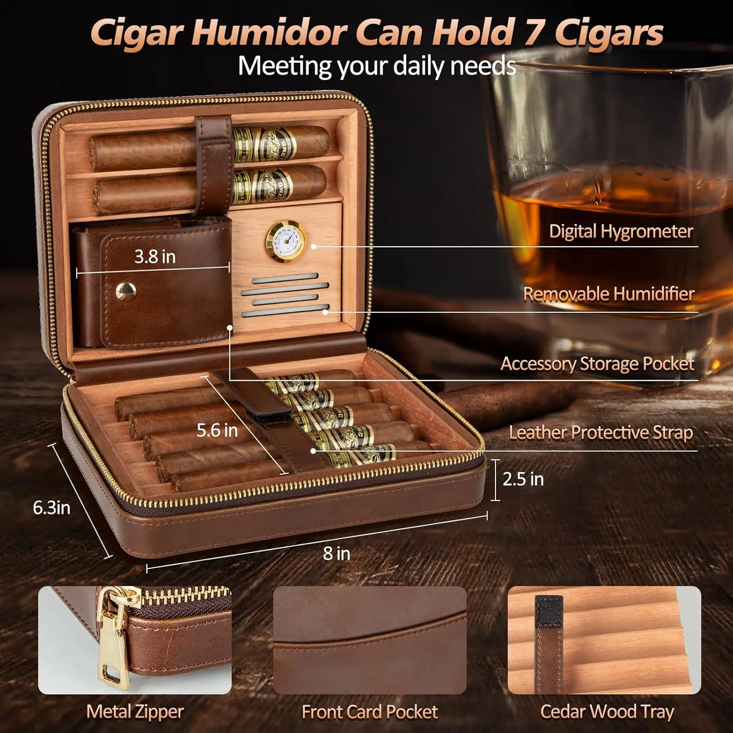 Leather Cigar Humidor with Cigar Lighter,Built-in Straight Cigar Cutter and Cigar Punch,Humidifier and Cedar Tray Leather Cigar Humidor with Cigar Lighter,Built-in Straight Cigar Cutter and Cigar Punch,Humidifier and Cedar Tray
