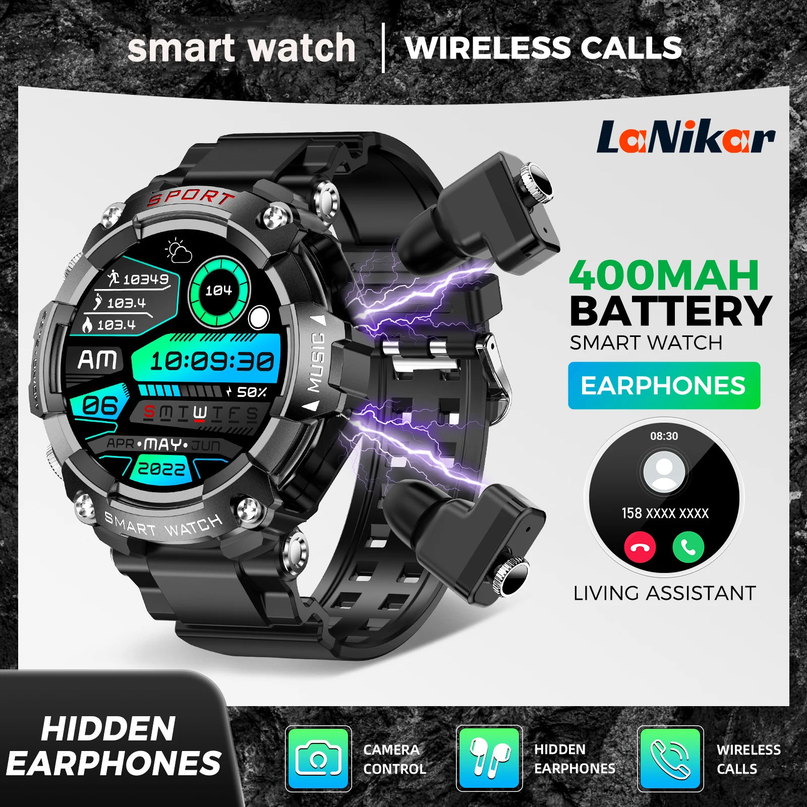 LaNikar Smart Watch AMOLED Display With In-Ear Bluetooth Headset Heart Rate Blood Pressure Oxygen Saturation Monitoring HD Audio LaNikar Smart Watch AMOLED Display With In-Ear Bluetooth Headset Heart Rate Blood Pressure Oxygen Saturation Monitoring HD Audio