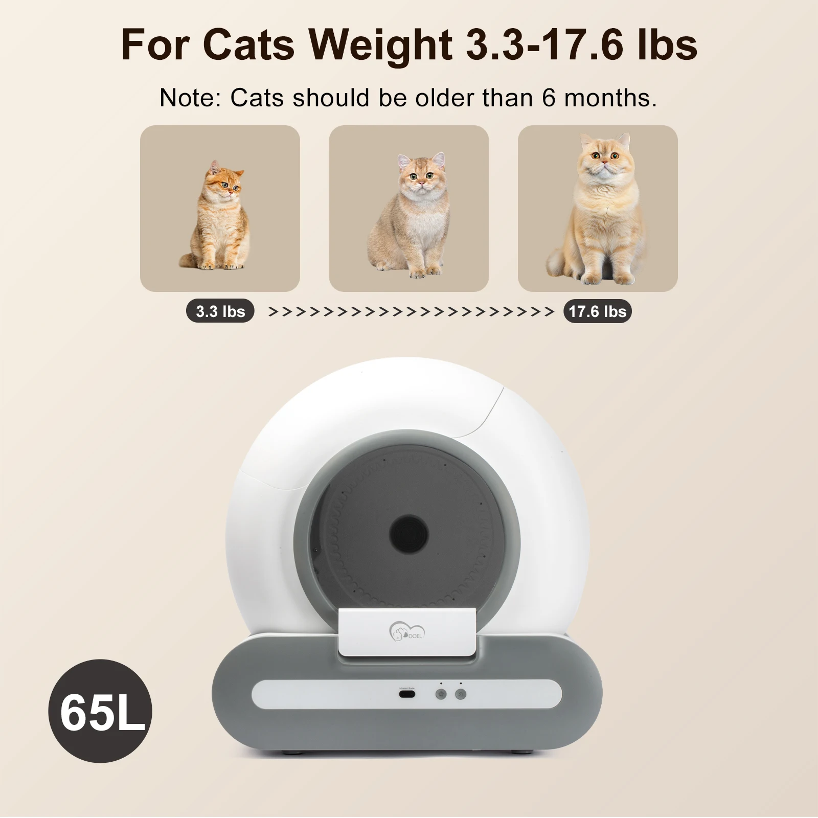 DOEL 65L Self-Cleaning Cat Litter Box App Control, ONLY Supports 2.4G WiFi w/Litter Mat&Trash Bags, Fit for Tofu & Mixed Litter DOEL 65L Self-Cleaning Cat Litter Box App Control, ONLY Supports 2.4G WiFi w/Litter Mat&Trash Bags, Fit for Tofu & Mixed Litter
